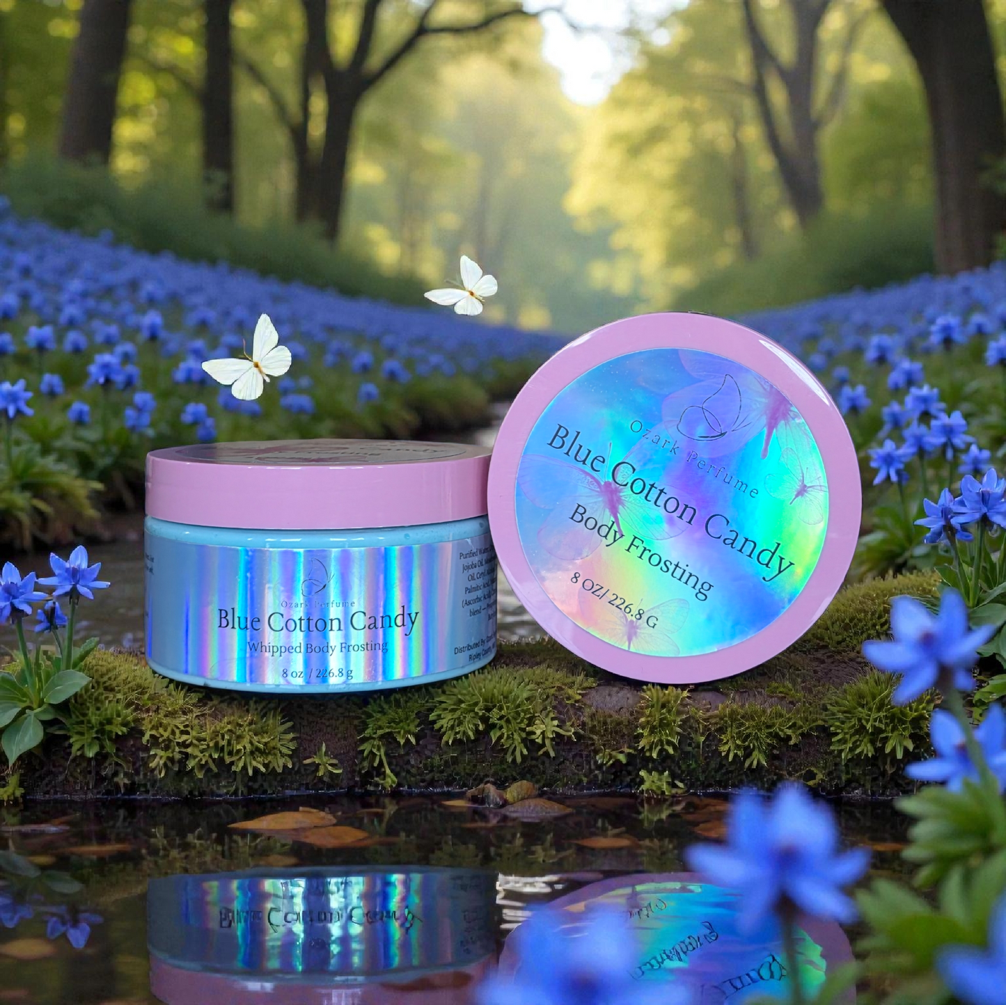 Blue Cotton Candy body frosting container with lid in a forest setting