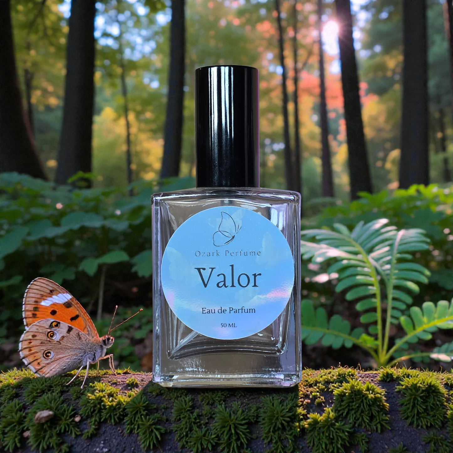 Perfume bottle labeled 'Valor' with a butterfly on a forest floor background