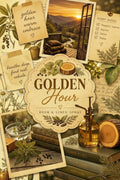 A styled product collage for Golden Hour Room & Linen Spray, featuring a glass spray bottle, books, herbs, a sunset mountain scene, and scent note cards arranged around the product name.