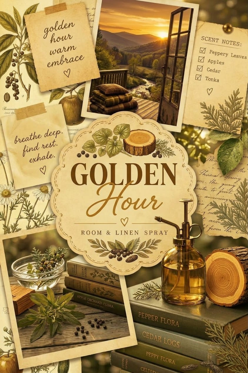 A styled product collage for Golden Hour Room & Linen Spray, featuring a glass spray bottle, books, herbs, a sunset mountain scene, and scent note cards arranged around the product name.