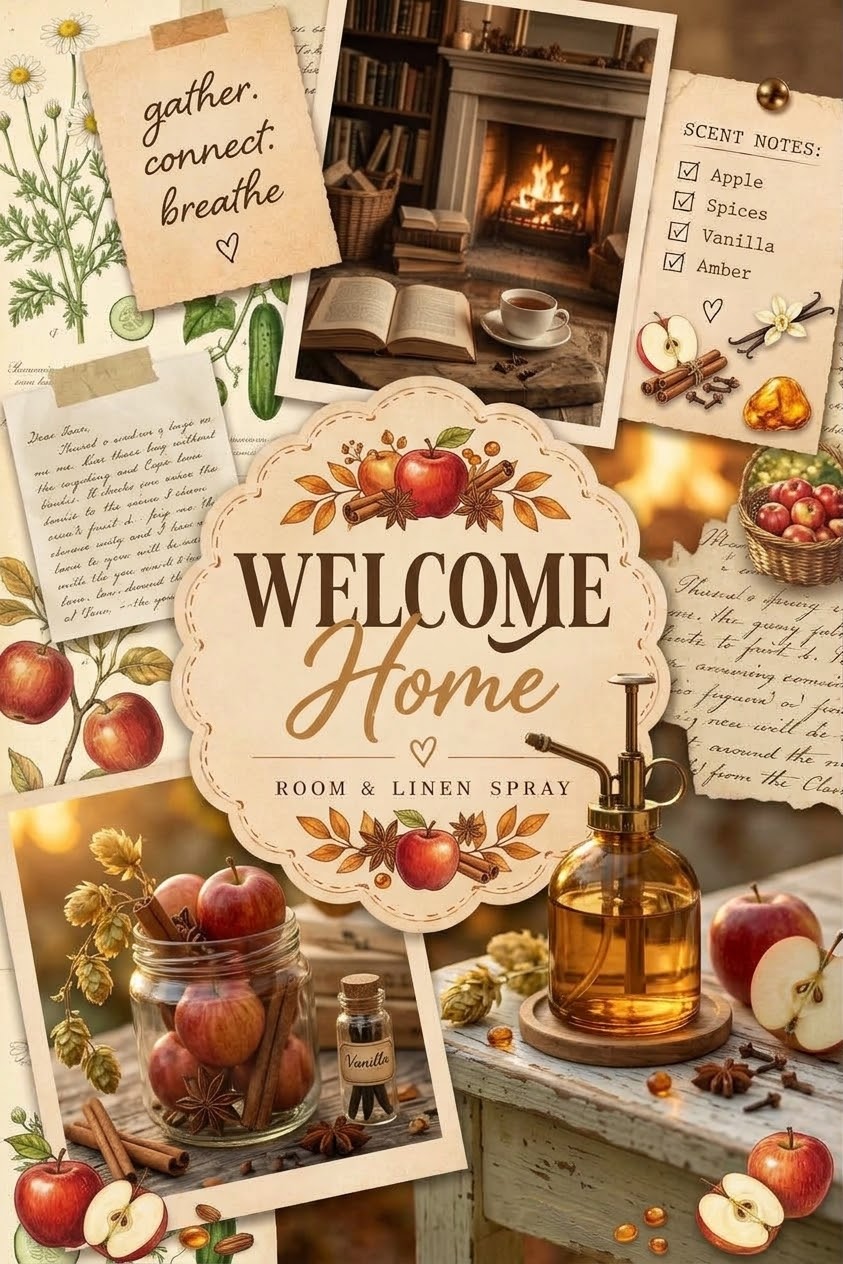 A cozy autumn-themed collage for a room and linen spray product, featuring a central cream label reading 'WELCOME Home' with 'ROOM & LINEN SPRAY' below, surrounded by warm-toned photos of a fireplace, apples, handwritten notes, spices, and an amber glass spray bottle.
