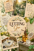 A botanical-themed product collage for 'Letting Go' room and linen spray. The central cream-colored scalloped label features the product name in dark brown lettering with a small daisy illustration.