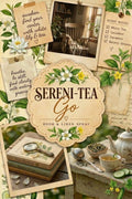 A decorative product collage for Sereni Tea Go room and linen spray, featuring vintage-style notes, botanical illustrations, a teapot, books, and a central cream label with the product name and scent notes.