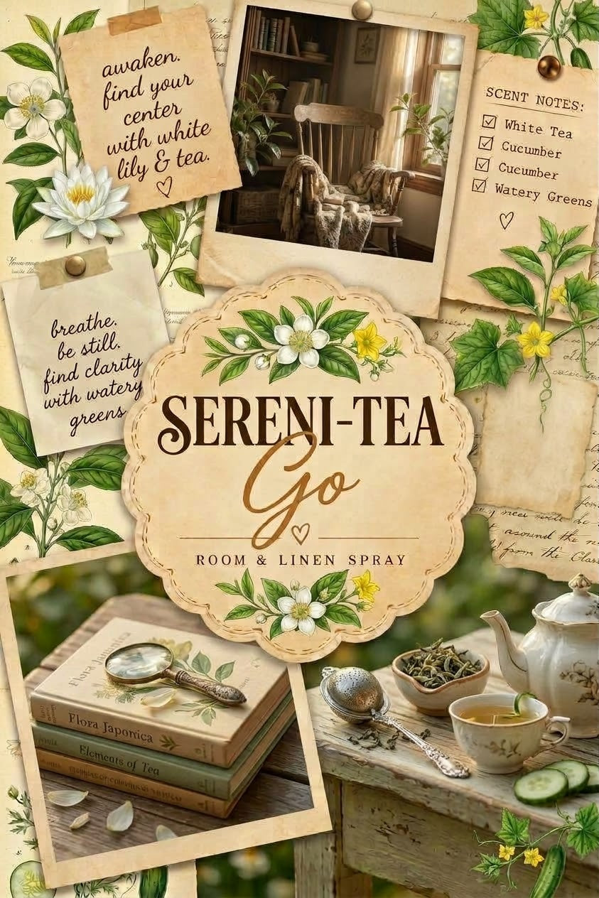 A decorative product collage for Sereni Tea Go room and linen spray, featuring vintage-style notes, botanical illustrations, a teapot, books, and a central cream label with the product name and scent notes.