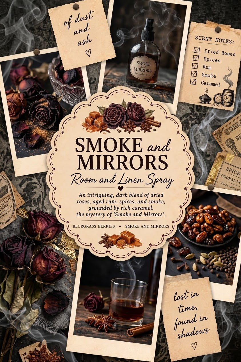 A styled flat-lay product graphic for 'Smoke and Mirrors Room and Linen Spray' by Bluegrass Berries. The design features a central cream scalloped label with the product name, surrounded by vintage-style Polaroid photos, dried rose petals, cinnamon sticks, star anise, and handwritten notes detailing the scent notes.