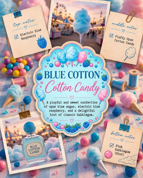 blue labels with fun colors and titled blue cotton candy with a short scent description underneath. surrounding the title are post it notes with the scent notes and pictures of cotton candy and fair scenes.