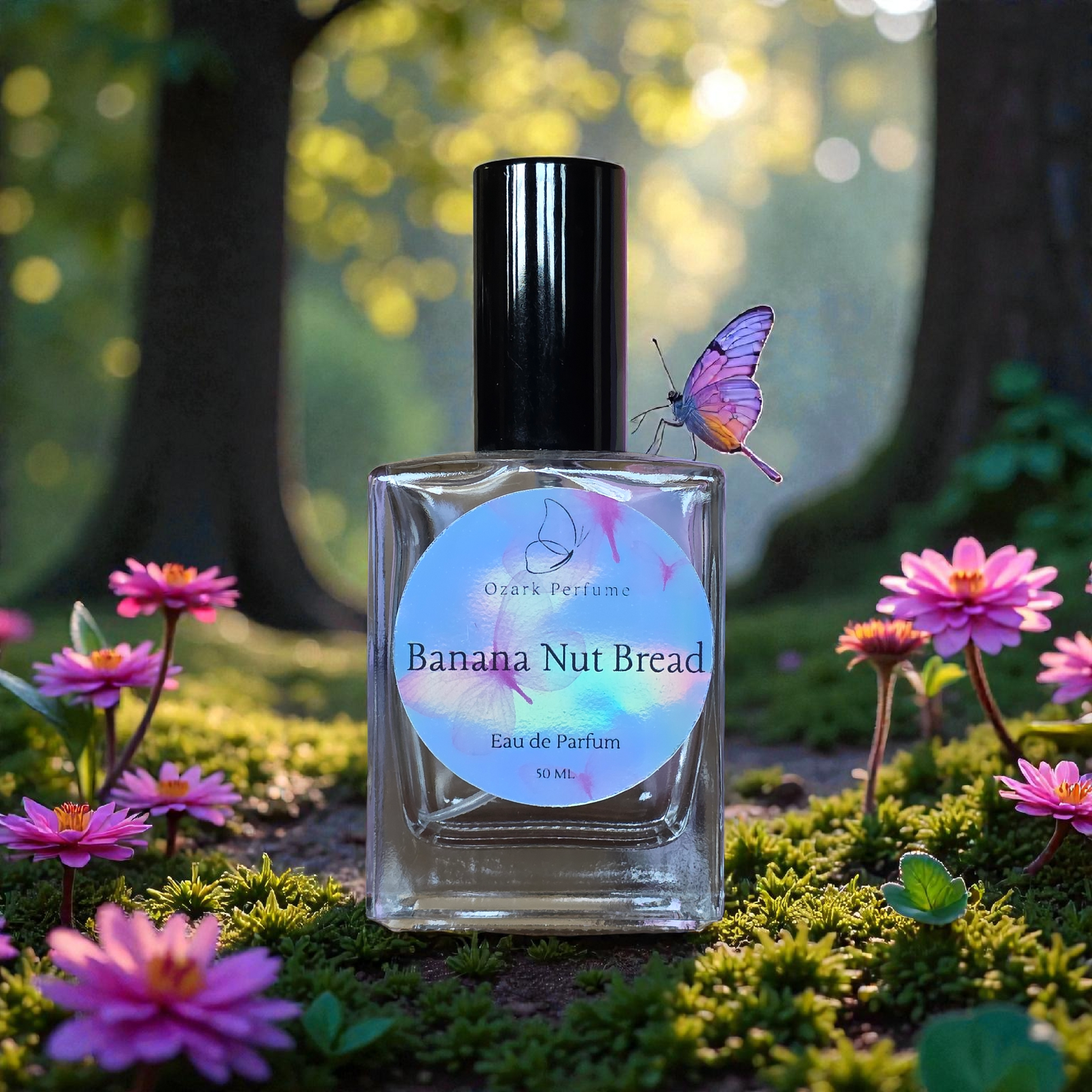 Banana Nut Bread perfume bottle with a butterfly on a floral background