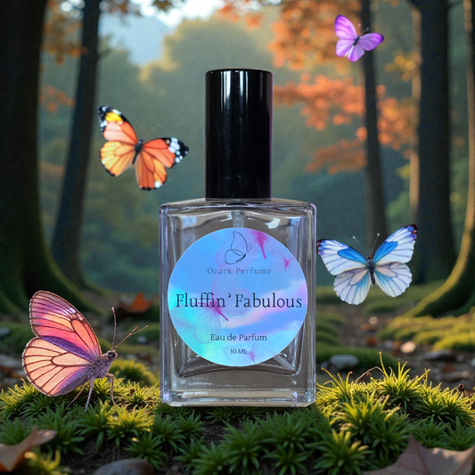 Fluffin' Fabulous perfume bottle with butterflies in a forest setting