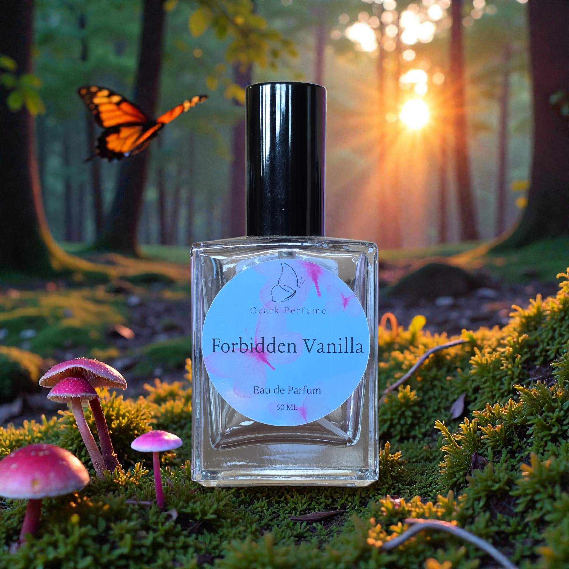 Perfume bottle labeled 'Forbidden Vanilla' in a forest setting with mushrooms and a butterfly.