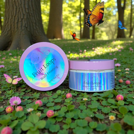 Two containers labeled 'Fruit Loops' on a grassy area with flowers and butterflies.