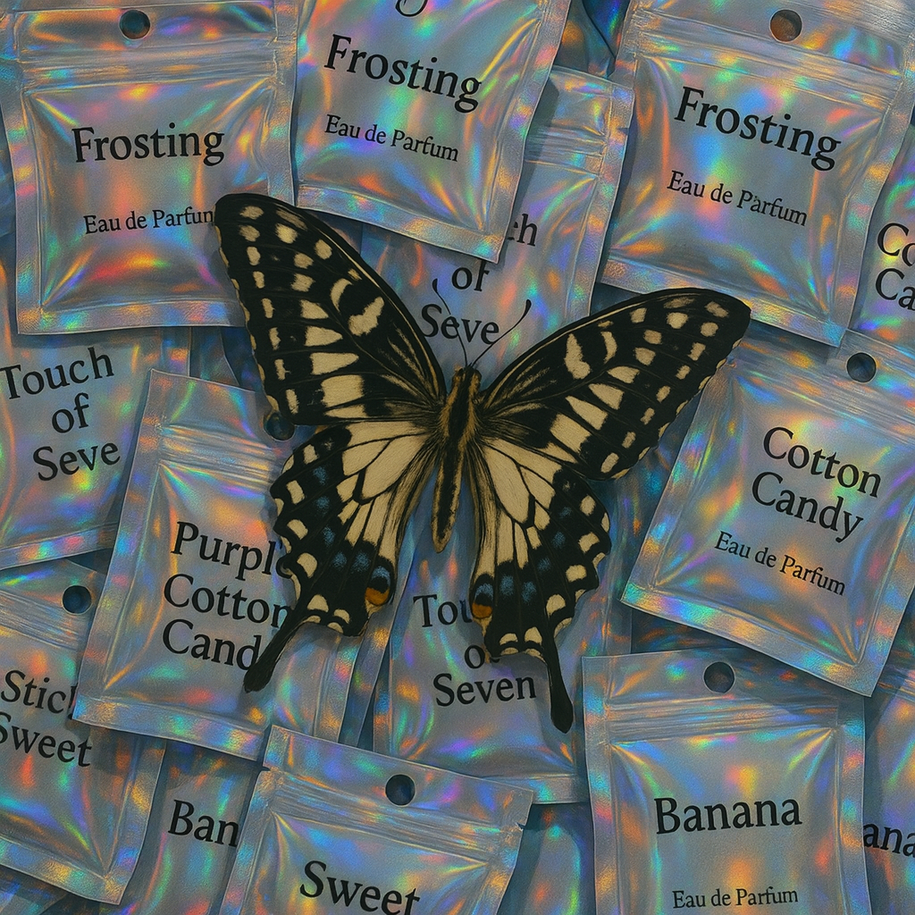 Butterfly on a background of holographic perfume packaging with various scents.