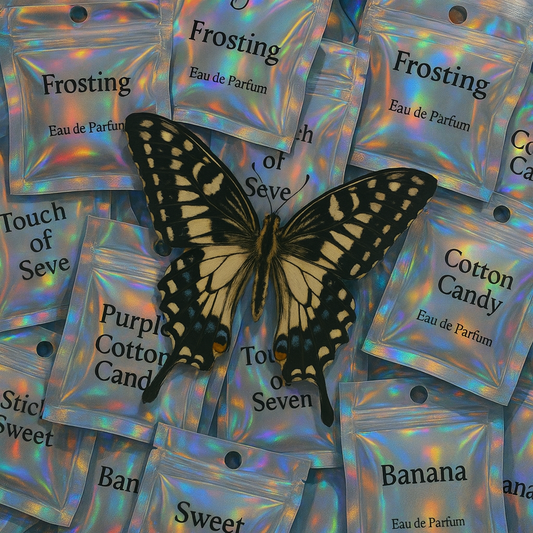 Butterfly on a background of holographic perfume packaging with various scents.