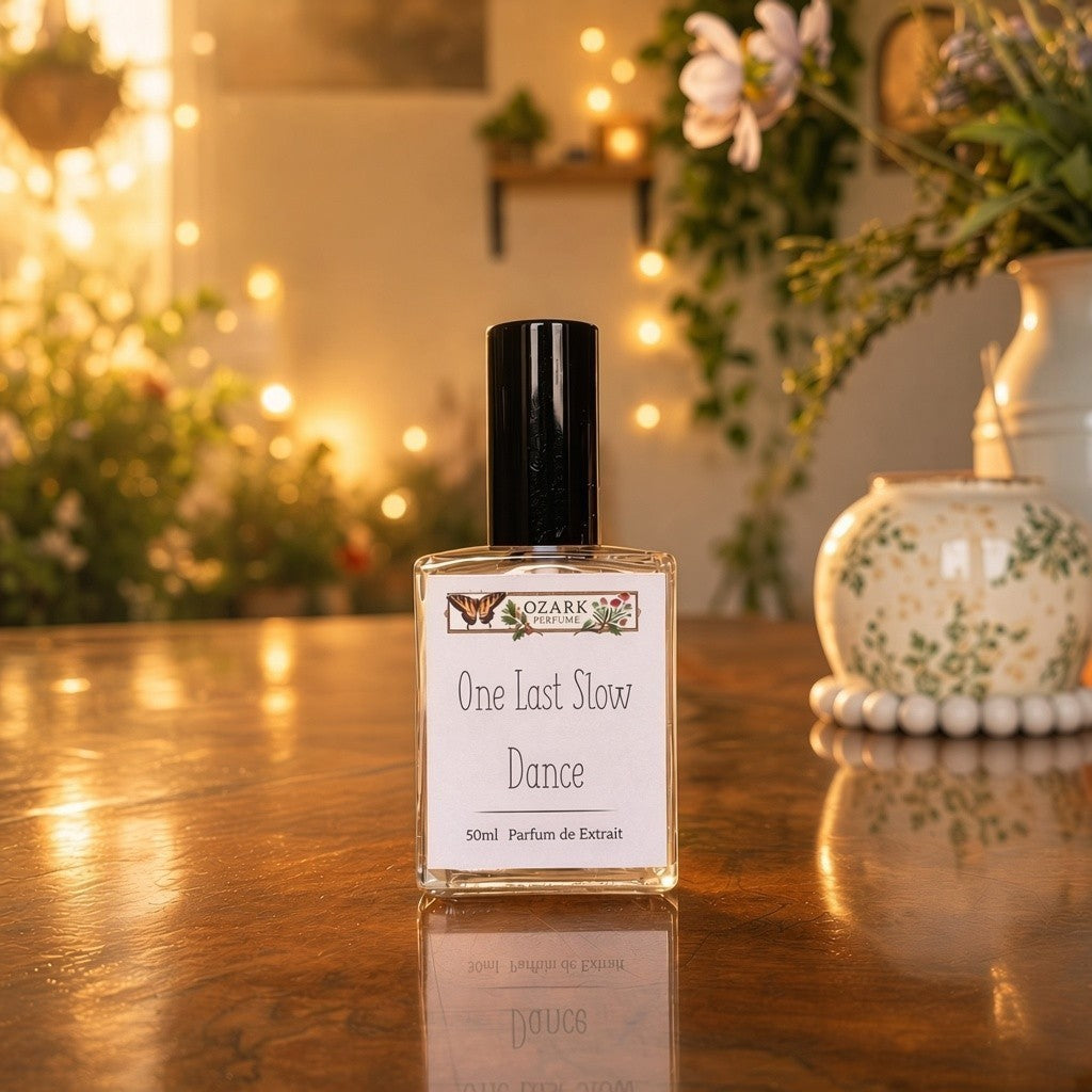 A small clear glass perfume bottle with a black cap stands on a polished wooden table. The front label reads 'One Last Slow Dance' and shows the brand Ozark.