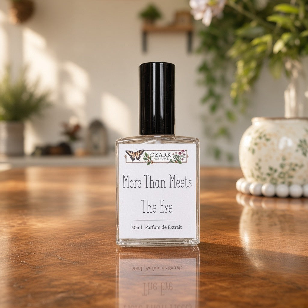 A 50ml bottle of Ozark Scents 'More Than Meets The Eye' parfum de extrait, featuring a clear glass bottle with a white label and a black cap, set on a wooden table in a softly blurred indoor environment.
