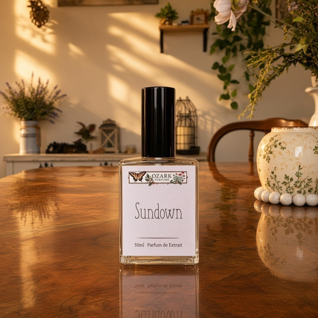 A bottle of Ozark Mountain Creams 'Sundown' perfume de extrait, 50ml, standing on a polished wooden table in a warm, sunlit room with plants and decorative items in the background.