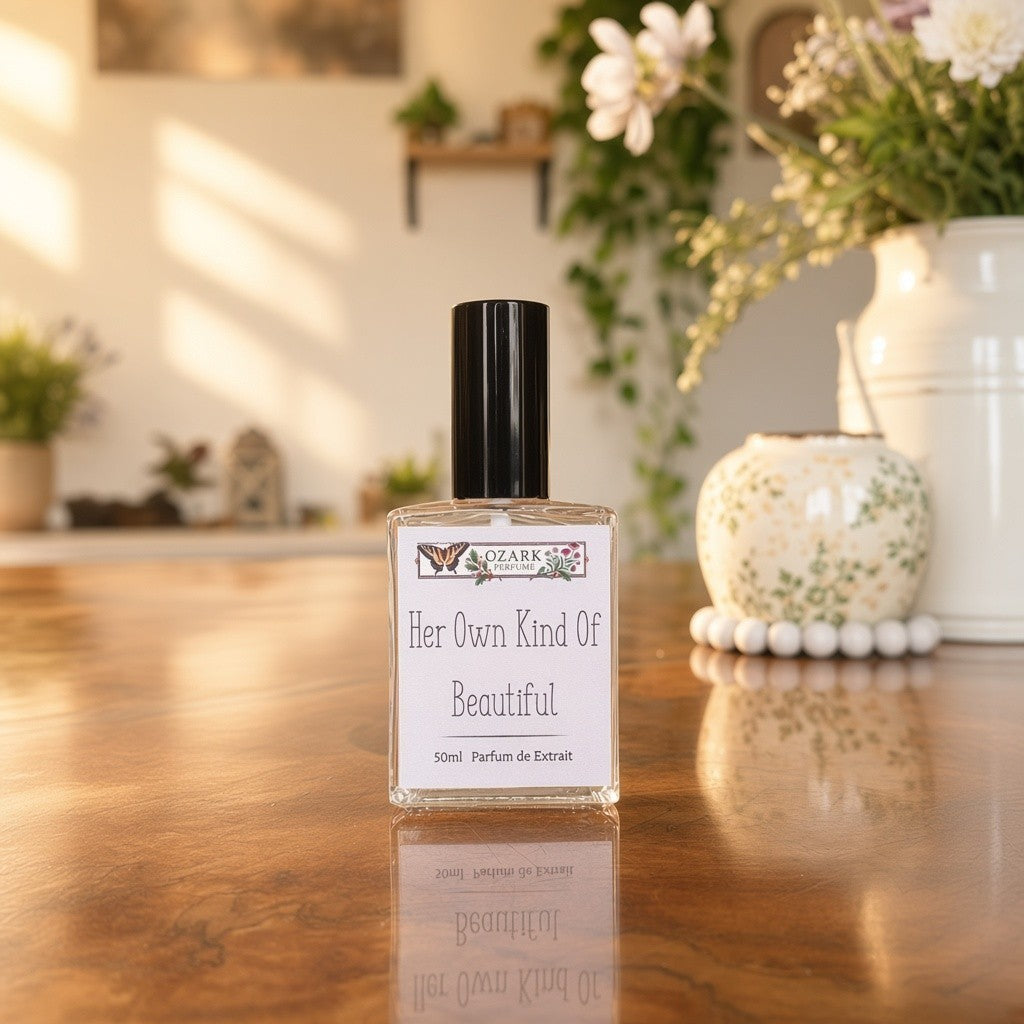 A 30ml bottle of Wizzark 'Her Own Kind Of Beautiful' perfume extract, featuring a clear glass bottle, white label, and black cap, set on a polished wooden table with a warm, softly blurred background containing flowers and decorative ceramic vessels.