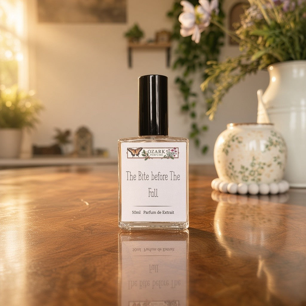 A clear glass perfume bottle with a black cap and a white label reading 'The Bite before the Fall' by OZARK SCENTS, placed on a polished wooden table with a warm, softly blurred indoor background.