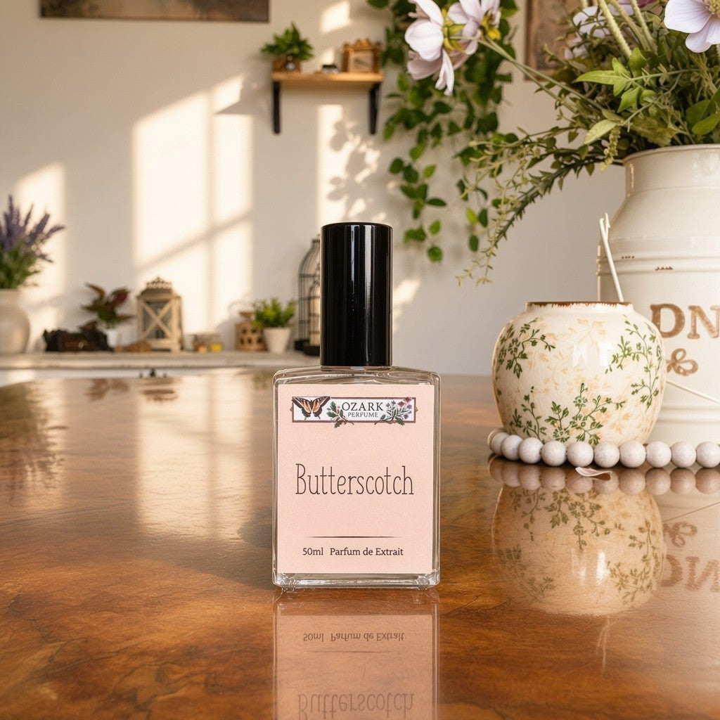 A bottle of Ozark Organic Butterscotch perfume stands on a polished wooden table in a warm, sunlit room. The clear glass bottle contains a pale butterscot pink liquid and is topped with a black cap.