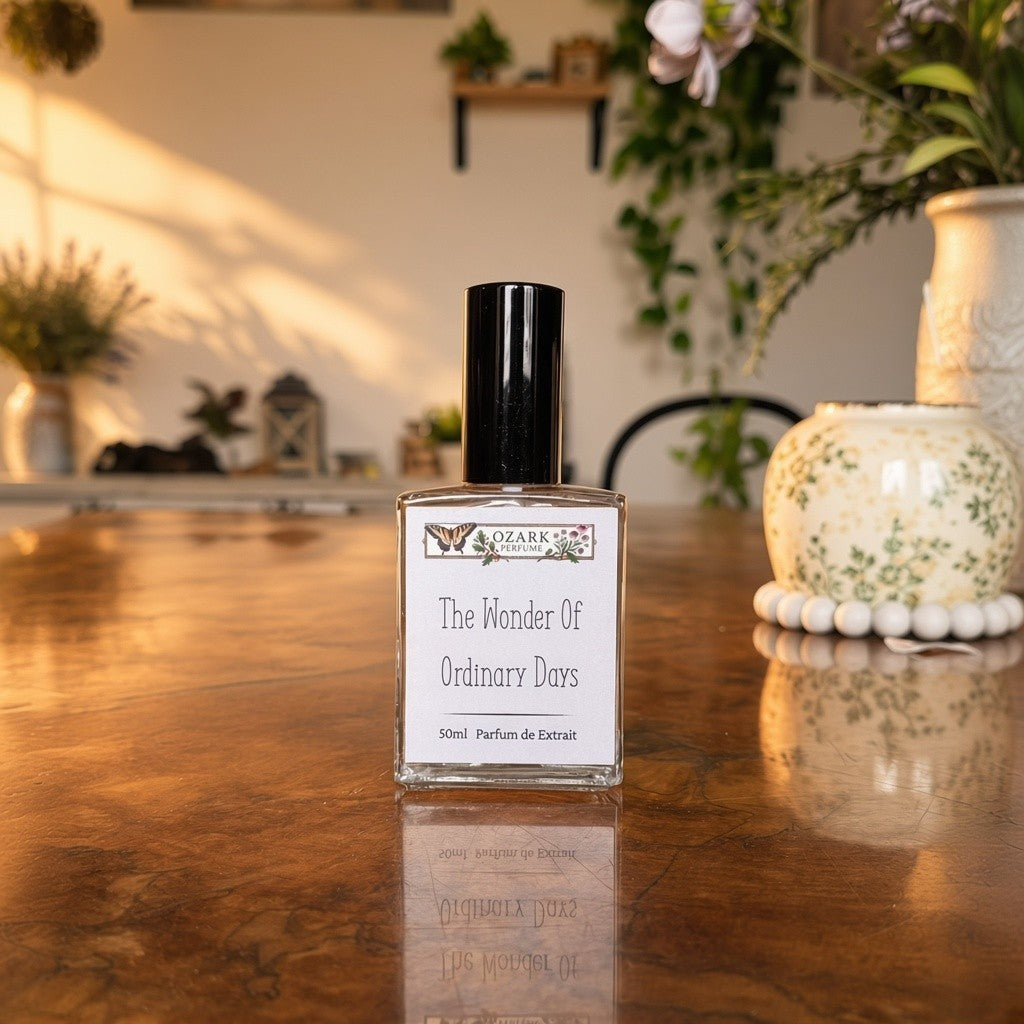 A 50ml bottle of Ozark Fragrances 'The Wonder Of Ordinary Days' perfume de extrait, featuring a clear glass bottle with a black cap and a white label, set on a polished wooden table in a warm, softly lit room.