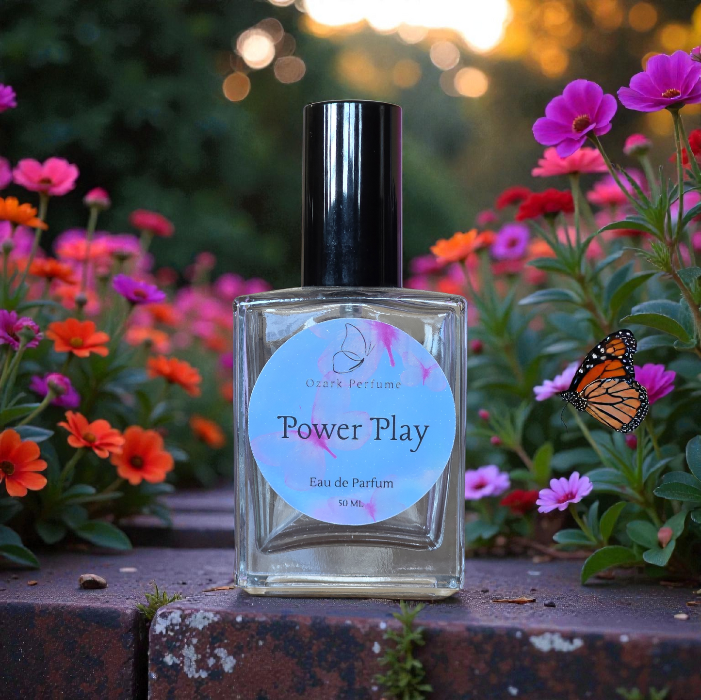 Perfume bottle labeled 'Power Play' with a butterfly and flowers in the background