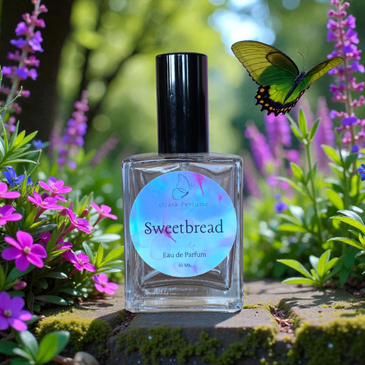 Eau de Parfum bottle labeled 'Sweetbread' with a butterfly and flowers in the background