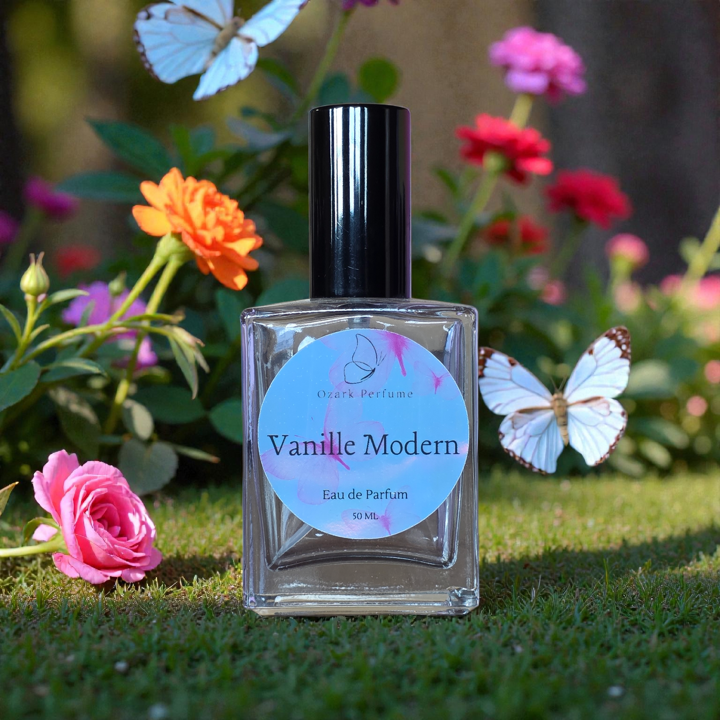 Vanille Modern perfume bottle with flowers and butterflies in the background