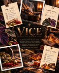 A promotional graphic for VICE COLOGNE fragrance, showing a dark wood bowl of spices and notes laid out in a styled flat-lay collage with four labeled cards reading top notes, middle notes, bottom notes, and a scent description.