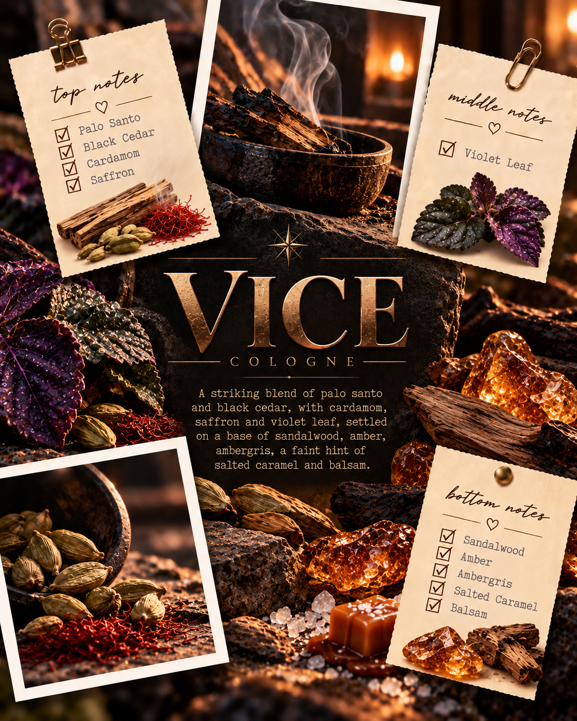 A promotional graphic for VICE COLOGNE fragrance, showing a dark wood bowl of spices and notes laid out in a styled flat-lay collage with four labeled cards reading top notes, middle notes, bottom notes, and a scent description.