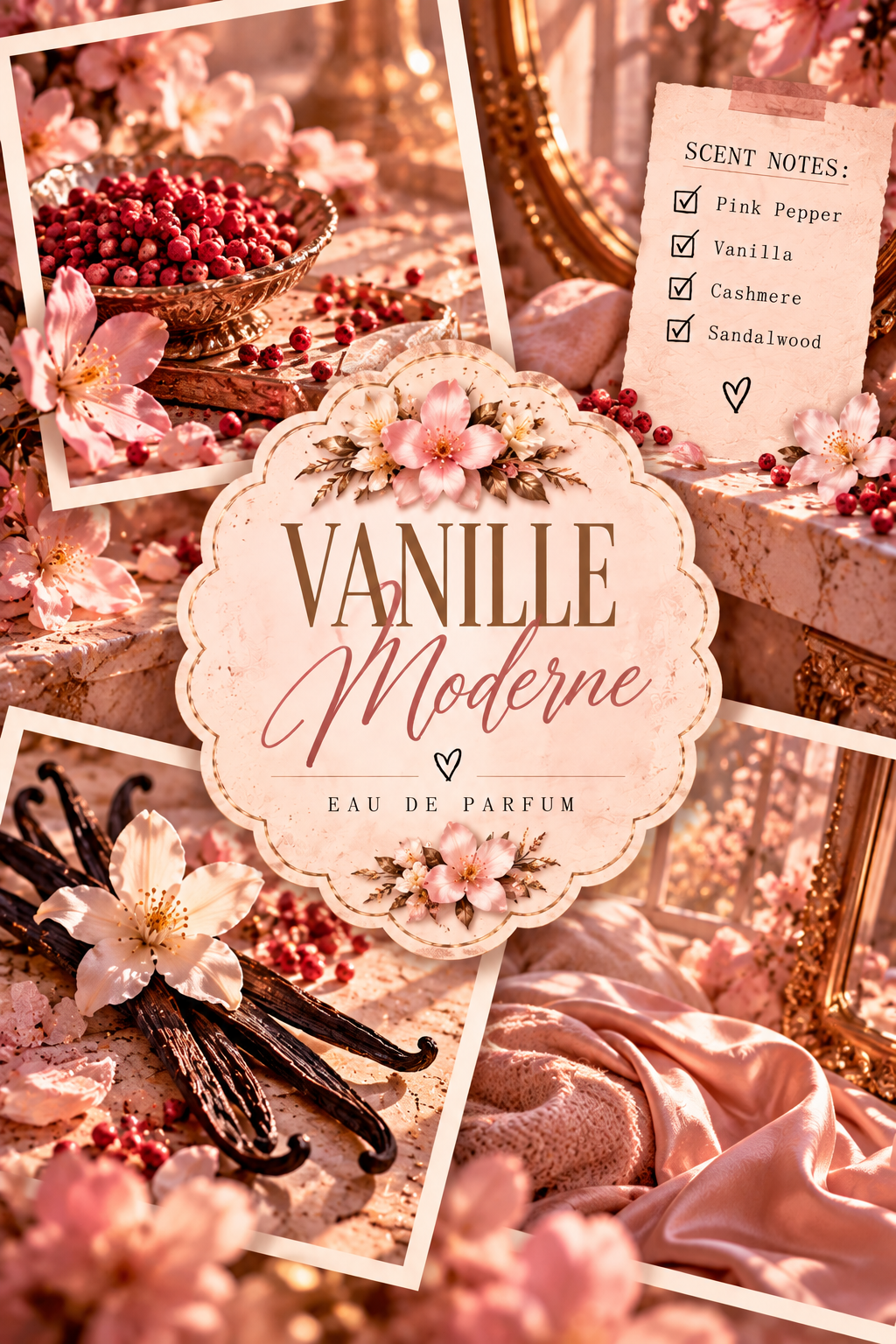 A perfume packaging design for 'Vanille Moderne Eau de Parfum' featuring a central cream-colored scalloped label with pink and brown lettering, surrounded by decorative photos of vanilla beans, pink flowers, red berries, and a scent notes list.
