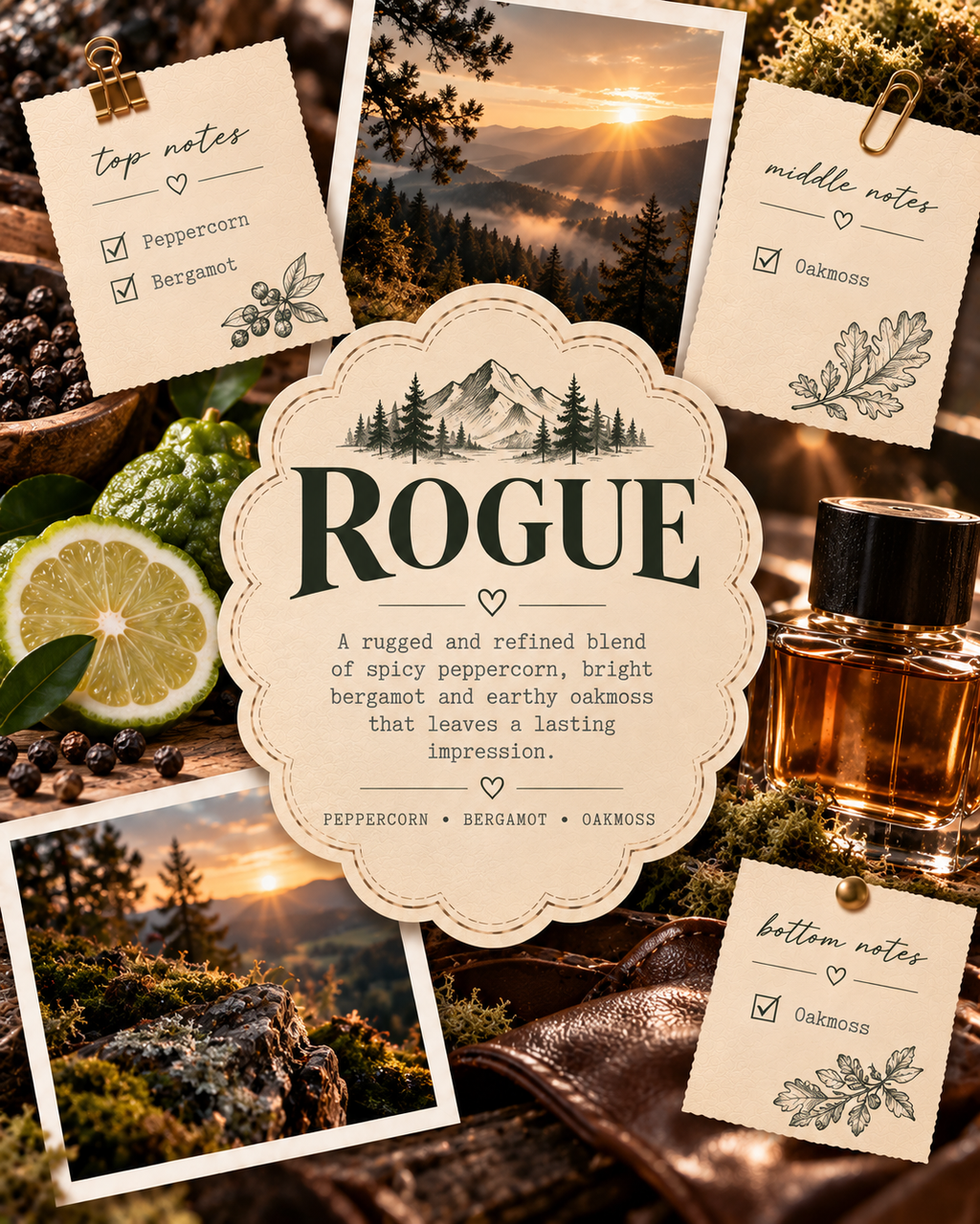 A styled fragrance note board for a product named ROGUE, featuring a central cream-colored card with the scent name and description, surrounded by photo collages of pine forests at sunset, a lemon slice, a green citrus peel, and a glass perfume bottle with a black cap. Small note cards detail the top notes (peppercorn, bergamot), middle notes (oakmoss), and bottom notes (oakmoss).