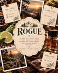 A styled fragrance note board for a product named ROGUE, featuring a central cream-colored card with the scent name and description, surrounded by photo collages of pine forests at sunset, a lemon slice, a green citrus peel, and a glass perfume bottle with a black cap. Small note cards detail the top notes (peppercorn, bergamot), middle notes (oakmoss), and bottom notes (oakmoss).