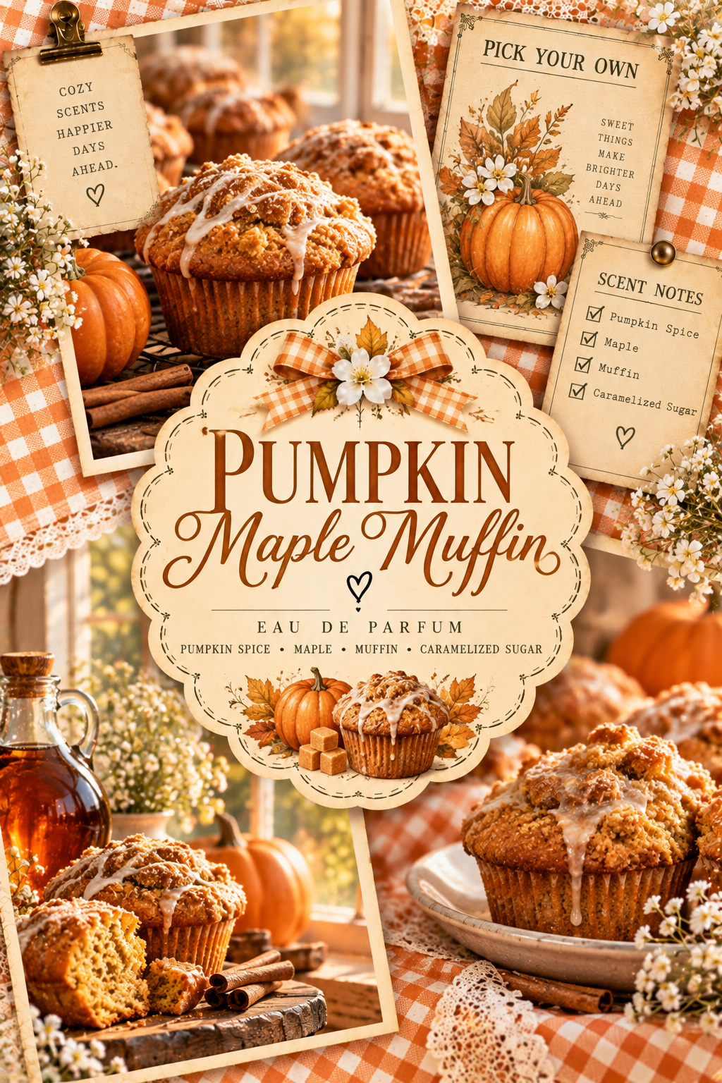 A fall-themed collage for a pumpkin maple muffin scented perfume, featuring multiple close-up photos of golden-brown maple muffins with cinnamon streusel topping, small pumpkins, orange gingham cloth, and decorative labels reading 'Pumpkin Maple Muffin' and scent notes.