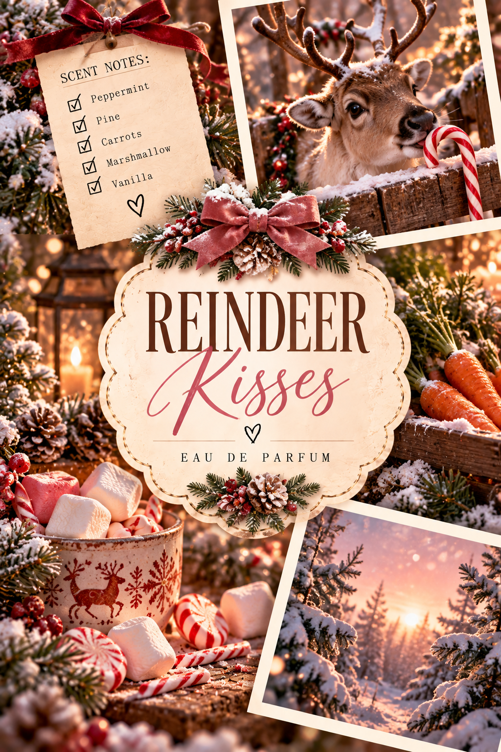 A festive perfume packaging design for 'Reindeer Kisses' Eau de Parfum, featuring a central cream scalloped label with pink and brown lettering, surrounded by holiday photos of a reindeer, a snowy winter landscape, marshmallows, carrots, candy canes, and a scent notes list.