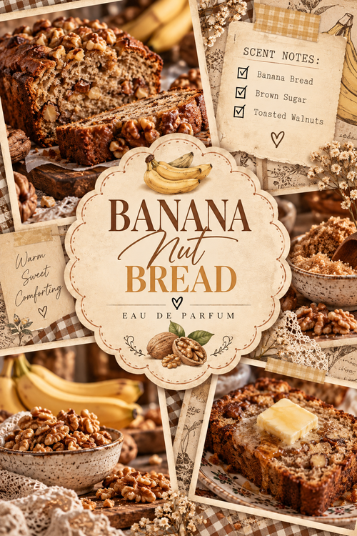 Scented perfume label design for 'Banana Nut Bread' Eau de Parfum, featuring a central cream-colored scalloped badge with banana and walnut illustrations, surrounded by a collage of warm-toned banana nut bread photos and scent notes.