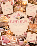 A styled fragrance concept graphic for 'Fluffy Stuff' with marshmallows, cupcakes, a perfume bottle, and note cards showing top, middle, and bottom notes in a warm pink and beige color palette.