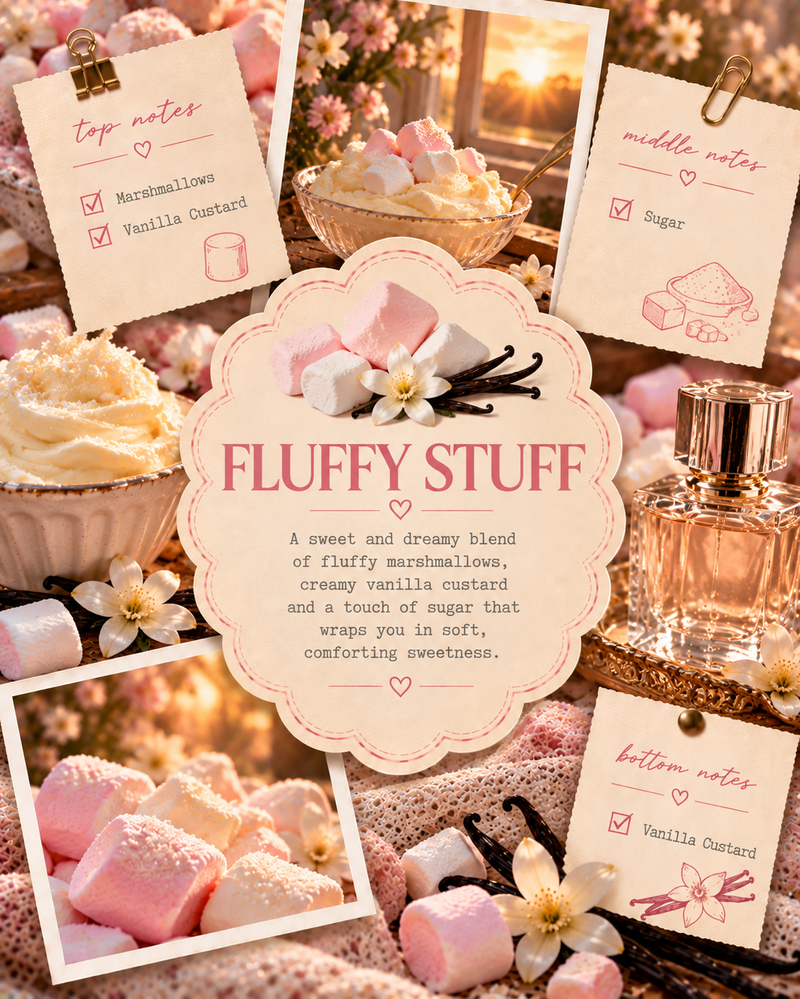 A styled fragrance concept graphic for 'Fluffy Stuff' with marshmallows, cupcakes, a perfume bottle, and note cards showing top, middle, and bottom notes in a warm pink and beige color palette.
