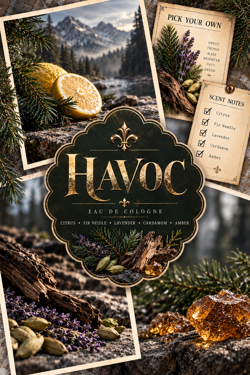 A perfume bottle is not visible; the frame shows a stylized collage for a fragrance named Havoc Eau de Cologne, with mountain scenery, citrus slices, evergreen branches, spices, and printed notes cards. This is not a clean product shot, not a person-centered lifestyle image, and not an auxiliary chart or instruction graphic.