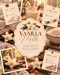 A styled collage for a vanilla milk recipe or flavor profile, featuring cream-colored recipe cards clipped around the edges of a central decorative label that reads 'VANILLA Milk' with illustrations of vanilla flowers, cinnamon sticks, and spices. Surrounding the label are bowls of rice, whipped dessert, and warm autumnal food styling in a cozy, golden-lit setting.