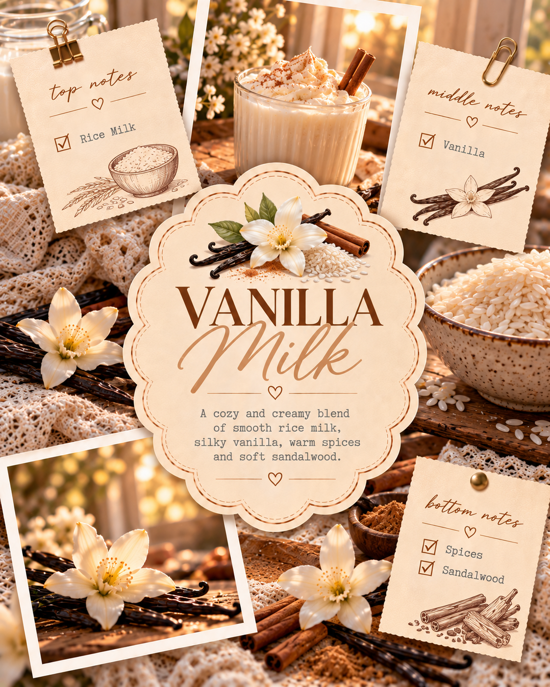 A styled collage for a vanilla milk recipe or flavor profile, featuring cream-colored recipe cards clipped around the edges of a central decorative label that reads 'VANILLA Milk' with illustrations of vanilla flowers, cinnamon sticks, and spices. Surrounding the label are bowls of rice, whipped dessert, and warm autumnal food styling in a cozy, golden-lit setting.