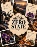 A stylized collage for Zero State Cologne showing a central cream scalloped label with black text reading 'ZERO STATE COLOGNE' surrounded by notes cards, amber crystals, a metal atomizer, and scenic forest/mountain imagery. The product appears to be a fragrance/cologne scent profile rather than a physical bottle or packaging shot.