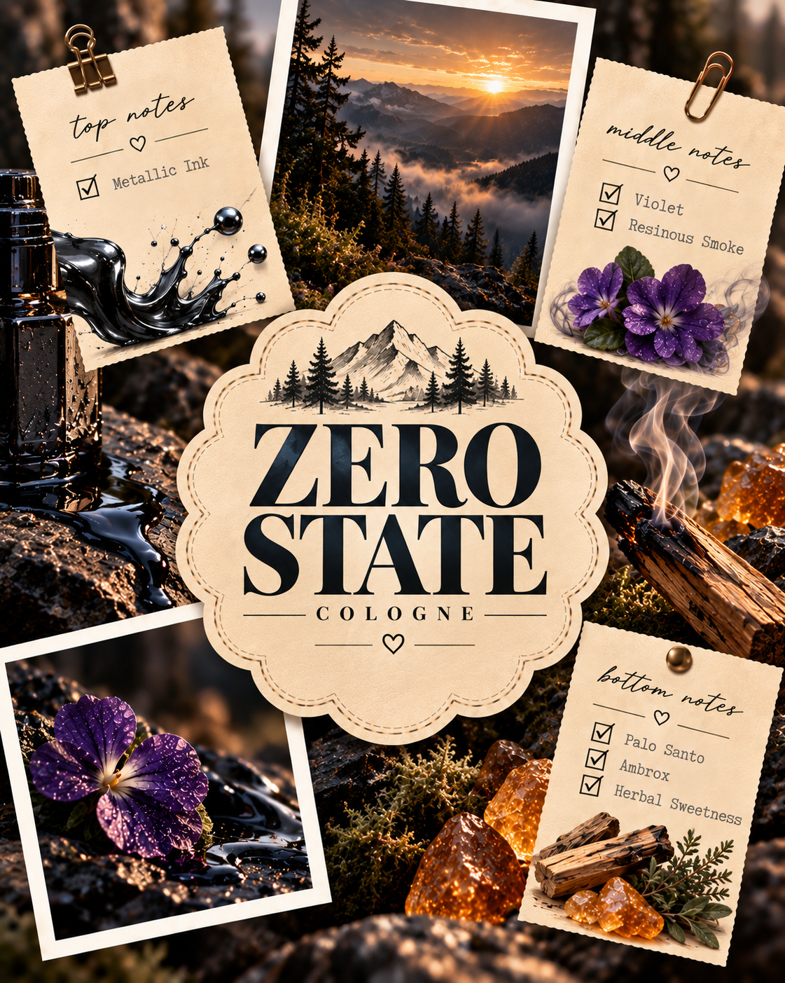 A stylized collage for Zero State Cologne showing a central cream scalloped label with black text reading 'ZERO STATE COLOGNE' surrounded by notes cards, amber crystals, a metal atomizer, and scenic forest/mountain imagery. The product appears to be a fragrance/cologne scent profile rather than a physical bottle or packaging shot.