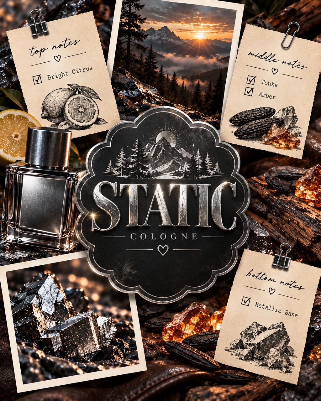 A perfume bottle labeled STATIC COLOGNE is shown in a styled collage with scent notes cards, a mountain sunset photo, citrus slices, amber pieces, and textured wood. The central badge reads STATIC COLOGNE, and the bottle appears metallic silver.