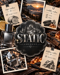 A perfume bottle labeled STATIC COLOGNE is shown in a styled collage with scent notes cards, a mountain sunset photo, citrus slices, amber pieces, and textured wood. The central badge reads STATIC COLOGNE, and the bottle appears metallic silver.
