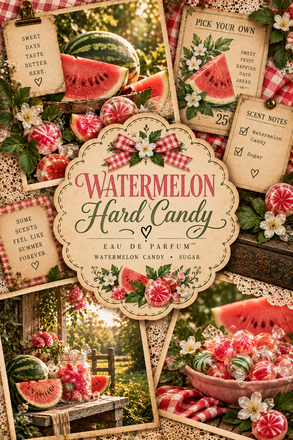 A decorative collage-style product graphic for Watermelon Hard Candy Eau de Parfum. The design features watermelon slices, red-and-white gingham checks, flowers, and multiple vintage-style labels with scent notes and candy imagery, all arranged on a warm beige background.