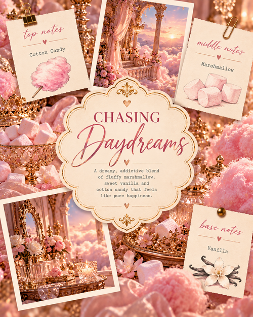 A styled product graphic for a fragrance blend titled "Chasing Daydreams," arranged on a pink cloud-like background. Five labeled cards show scent notes: top notes Cotton Candy, middle notes Marshmallow, base notes Vanilla, plus decorative imagery of clouds, flowers, and ornate interiors.