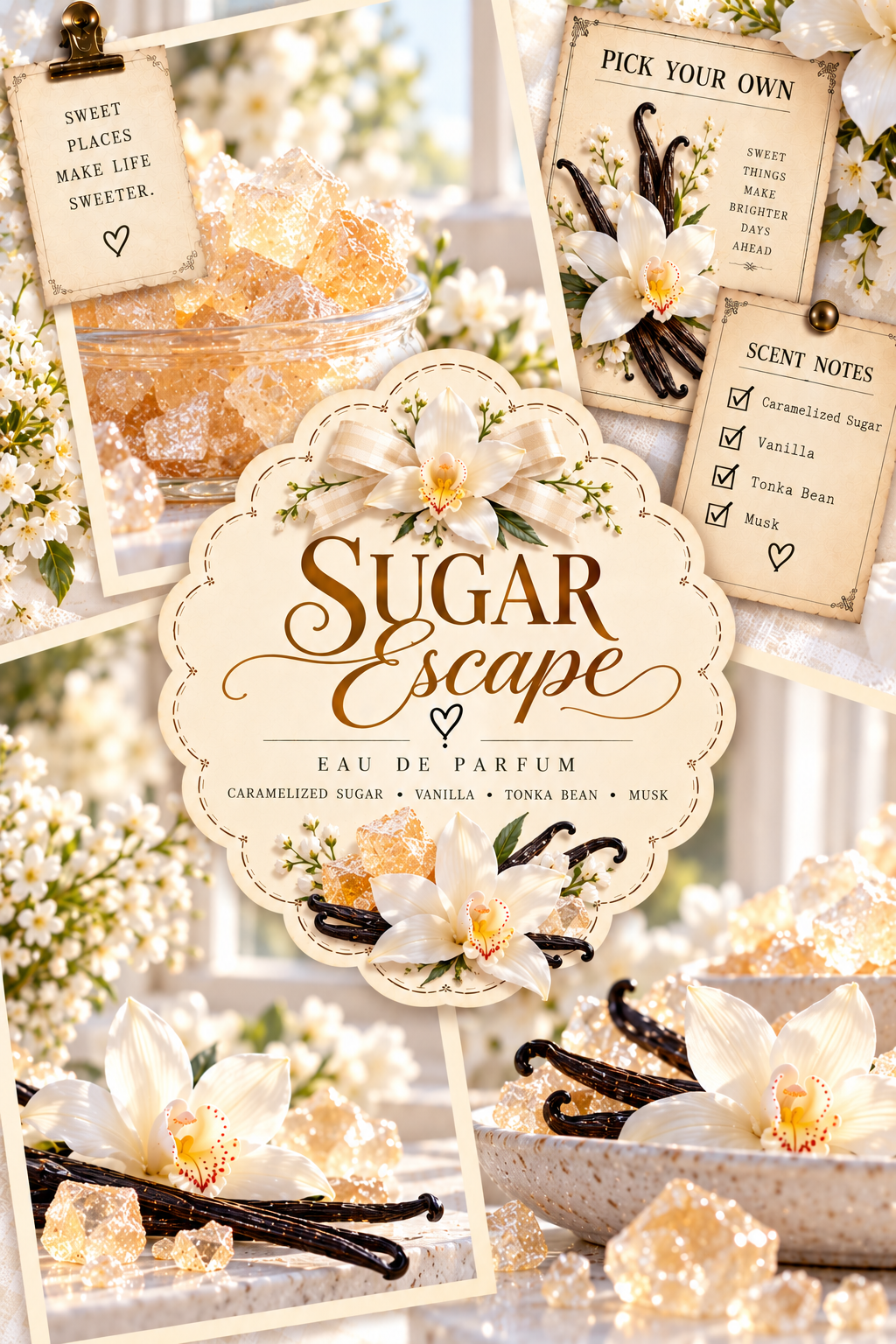 A collage-style product graphic for a perfume named Sugar Escape. The design features cream-colored labels, vanilla beans, white flowers, and sparkling sugar crystals in soft beige, white, and brown tones.