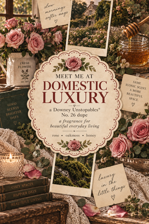 A styled fragrance listing graphic for 'Meet Me at Domestic Luxury' by Downey Unstoppables. The central cream-colored oval card features the product name and scent notes (rose, oakmoss, honey) surrounded by decorative elements including pink roses, a honey dipper, a candle, books, and a jar of honey.