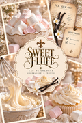A decorative collage-style product graphic for Sweet Fluff Eau de Cologne, featuring marshmallows, whipped cream, cupcakes, vanilla beans, a whisk, and scent notes written on paper. The central label reads 'Sweet Fluff' with fleur-de-lis branding.