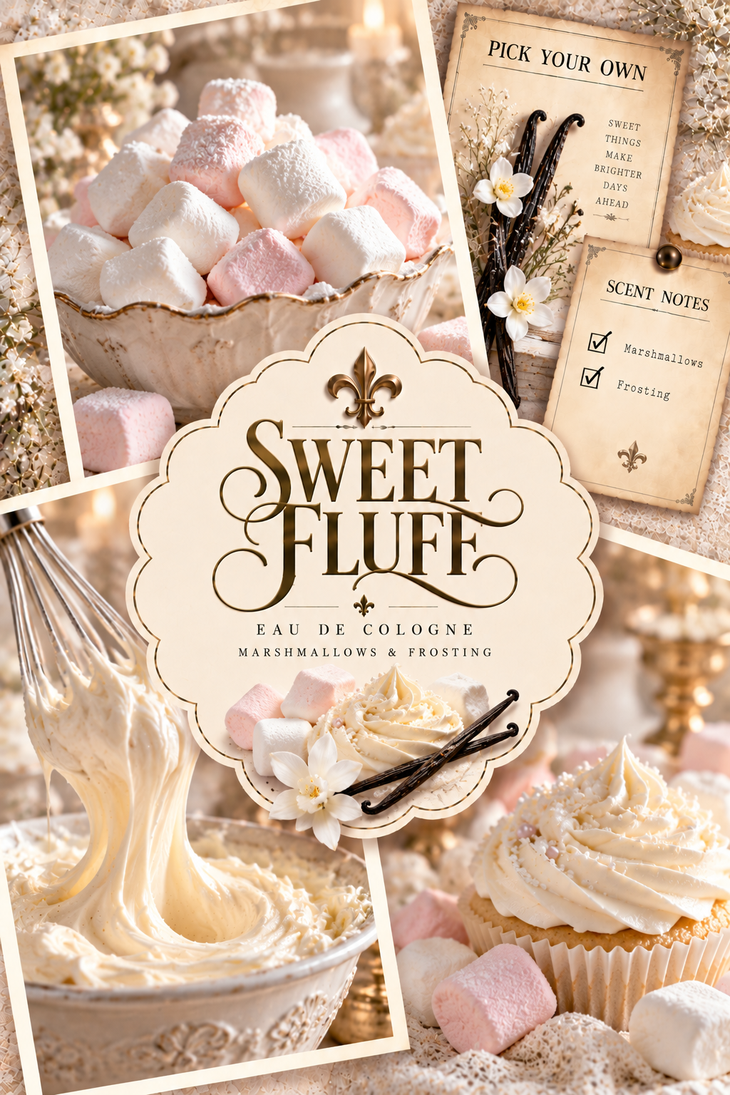 A decorative collage-style product graphic for Sweet Fluff Eau de Cologne, featuring marshmallows, whipped cream, cupcakes, vanilla beans, a whisk, and scent notes written on paper. The central label reads 'Sweet Fluff' with fleur-de-lis branding.