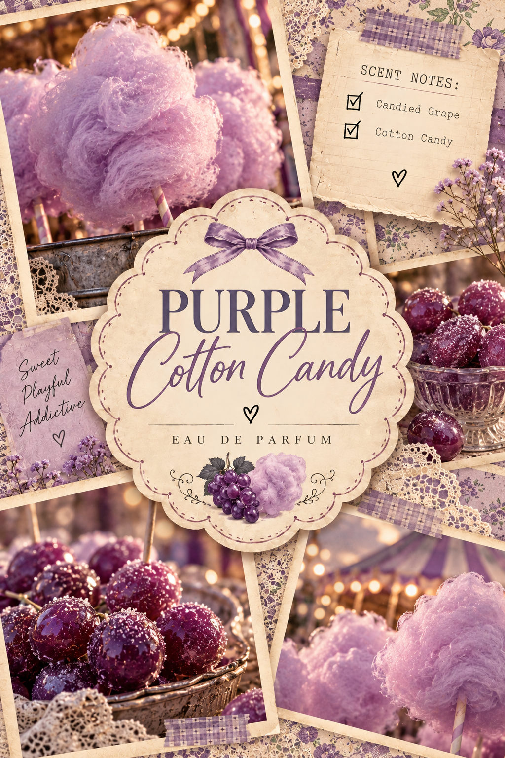 Scent notes card for 'Purple Cotton Candy' Eau de Parfum, featuring a collage of purple cotton candy, purple grape candies, and decorative purple elements.